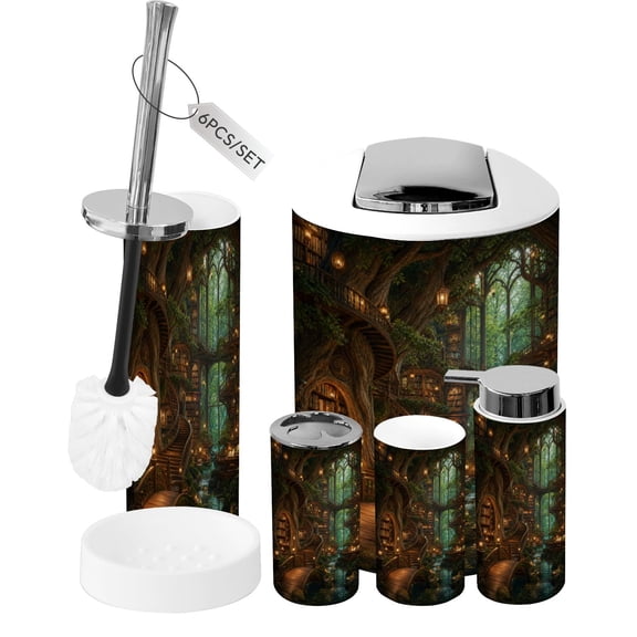 Bathroom Accessory Set 6 Piece Magical Treehouse Library Bridge Staircase Forest Trash can, Toothbrush Holder, Toothbrush Cup, Soap Dispenser, Soap Dish, Toilet Brush Holder