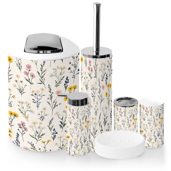 Bathroom Accessory Set 6 Piece with Meadow wildflower seamless Boho botanical floral field Toothbrush Holder, Soap Dispenser, Soap Dish, Trash Can with Lid, Toothbrush Cup, Toilet Brush Holder