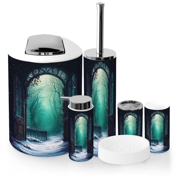 Bathroom Accessory Set 6 Piece with Mystical Winter Forest Gothic Archway Snow Teal Magic Toothbrush Holder, Soap Dispenser, Soap Dish, Trash Can with Lid, Toothbrush Cup, Toilet Brush Holder