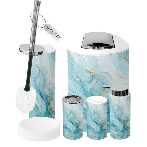 Bathroom Accessory Set 6 Piece Pastel cyan mint liquid marble watercolor wavy lines brush Trash can, Toothbrush Holder, Toothbrush Cup, Soap Dispenser, Soap Dish, Toilet Brush Holder
