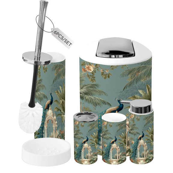 Bathroom Accessory Set 6 Piece Peacock Ornate Arch Tropical Plants Exotic Trash can, Toothbrush Holder, Toothbrush Cup, Soap Dispenser, Soap Dish, Toilet Brush Holder