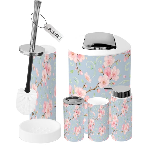 Bathroom Accessory Set 6 Piece Pink Cherry Blossom Branches Soft Blue Trash can, Toothbrush Holder, Toothbrush Cup, Soap Dispenser, Soap Dish, Toilet Brush Holder