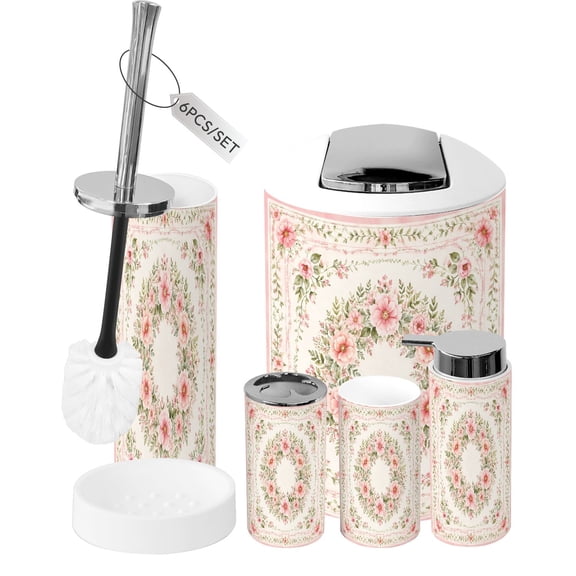 Bathroom Accessory Set 6 Piece Pink Floral Wreath Green Leaves Delicate Blossom Light Trash can, Toothbrush Holder, Toothbrush Cup, Soap Dispenser, Soap Dish, Toilet Brush Holder