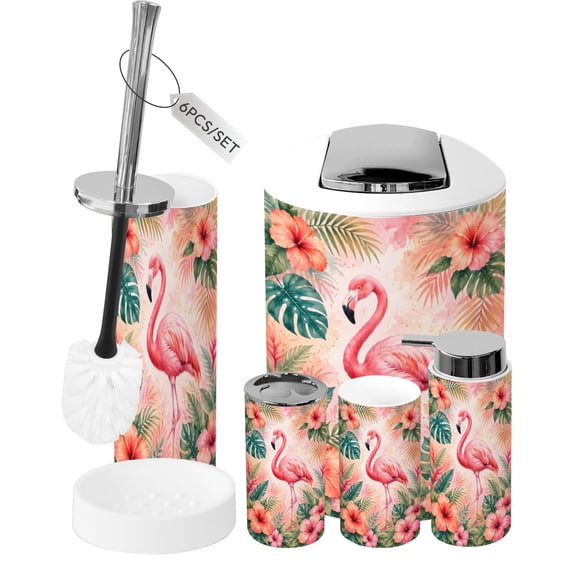 Bathroom Accessory Set 6 Piece Pink Tropical Floral Palm Leaves Hibiscus Flowers Trash can, Toothbrush Holder, Toothbrush Cup, Soap Dispenser, Soap Dish, Toilet Brush Holder