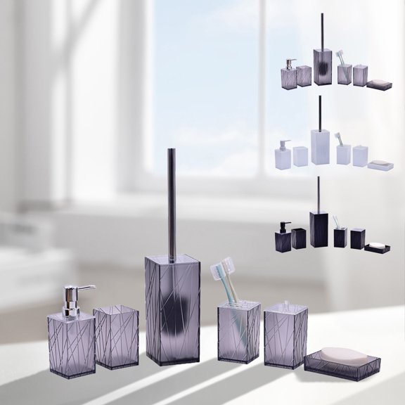 Bathroom Accessory Set 6 Piece Plastic White and Gray with Soap Dispenser, Toothbrush Holder, Tumbler, Soap Dish, Tampon Case and Toilet Brush for Modern Home Bathroom Decor