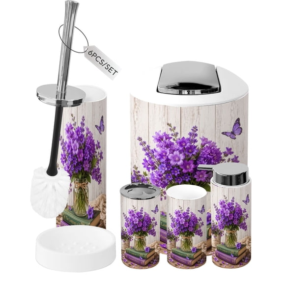 Bathroom Accessory Set 6 Piece Purple Floral Bouquet Glass Jar Butterfly Stacked Books Soft Trash can, Toothbrush Holder, Toothbrush Cup, Soap Dispenser, Soap Dish, Toilet Brush Holder