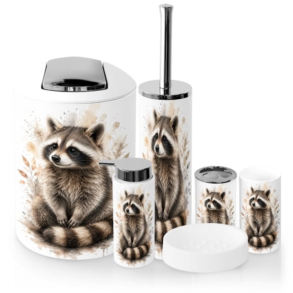 Bathroom Accessory Set 6 Piece with Raccoon Watercolor creativity fur cute wild animal Toothbrush Holder, Soap Dispenser, Soap Dish, Trash Can, Toothbrush Cup, Toilet Brush Holder