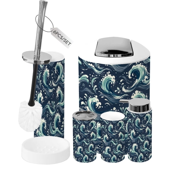 Bathroom Accessory Set 6 Piece Raging Ocean Waves Crashing Rocky Trash can, Toothbrush Holder, Toothbrush Cup, Soap Dispenser, Soap Dish, Toilet Brush Holder