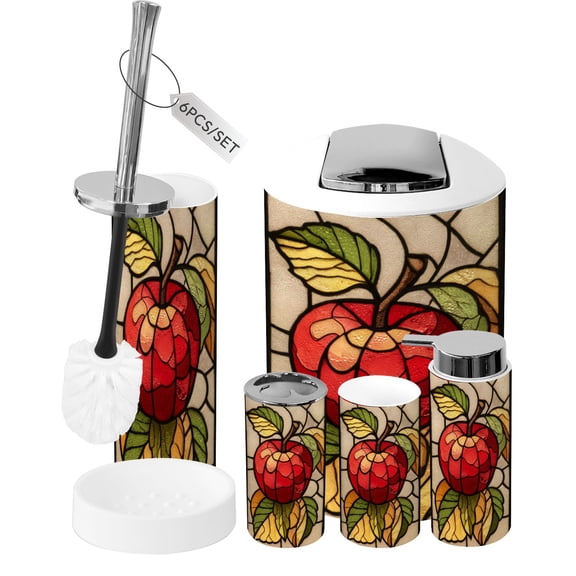Bathroom Accessory Set 6 Piece Red Apples Trash can, Toothbrush Holder, Toothbrush Cup, Soap Dispenser, Soap Dish, Toilet Brush Holder