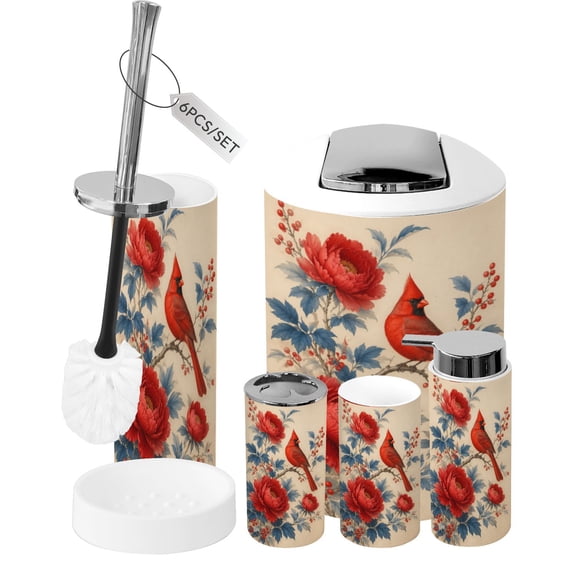 Bathroom Accessory Set 6 Piece Red Cardinal Bird Perched Branch Large Red Pink Peonies Blue Trash can, Toothbrush Holder, Toothbrush Cup, Soap Dispenser, Soap Dish, Toilet Brush Holder