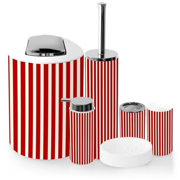Bathroom Accessory Set 6 Piece with Red White Vertical Striped Retro Circus Style Toothbrush Holder, Soap Dispenser, Soap Dish, Trash Can with Lid, Toothbrush Cup, Toilet Brush Holder