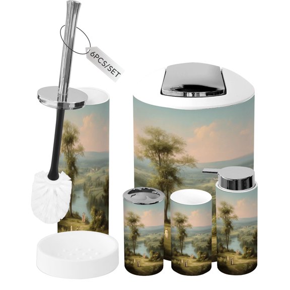 Bathroom Accessory Set 6 Piece Romantic Countryside Landscape River Trees Pastel Tones Trash can, Toothbrush Holder, Toothbrush Cup, Soap Dispenser, Soap Dish, Toilet Brush Holder
