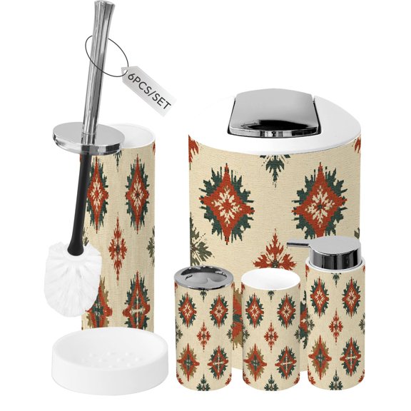 Bathroom Accessory Set 6 Piece Rustic Geometric Tribal Diamond Earth Tones Trash can, Toothbrush Holder, Toothbrush Cup, Soap Dispenser, Soap Dish, Toilet Brush Holder