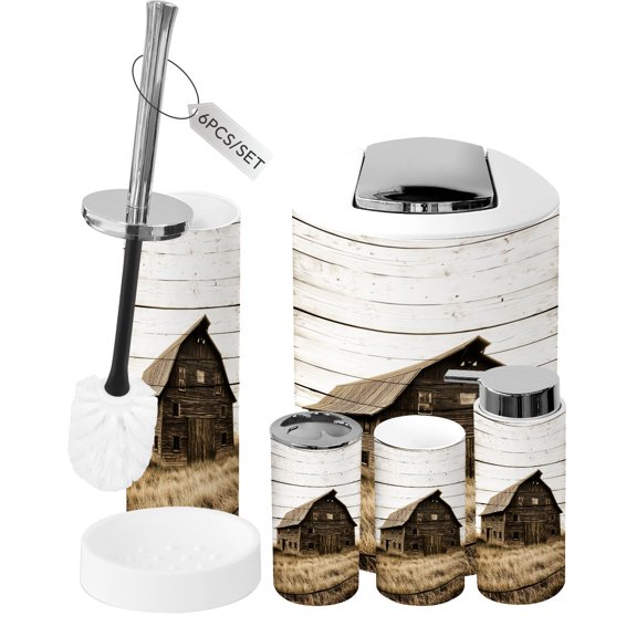 Bathroom Accessory Set 6 Piece Rustic Wooden Barn Overgrown Field Sepia Vintage Effect Trash can, Toothbrush Holder, Toothbrush Cup, Soap Dispenser, Soap Dish, Toilet Brush Holder