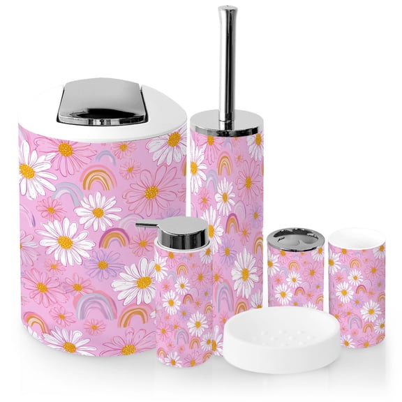 Bathroom Accessory Set 6 Piece with Seamless daisy flower rainbow pink Toothbrush Holder, Soap Dispenser, Soap Dish, Trash Can with Lid, Toothbrush Cup, Toilet Brush Holder