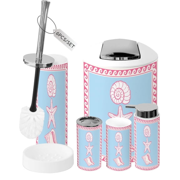 Bathroom Accessory Set 6 Piece Seashell Starfish Coastal Pink Border Pastel Blue Trash can, Toothbrush Holder, Toothbrush Cup, Soap Dispenser, Soap Dish, Toilet Brush Holder