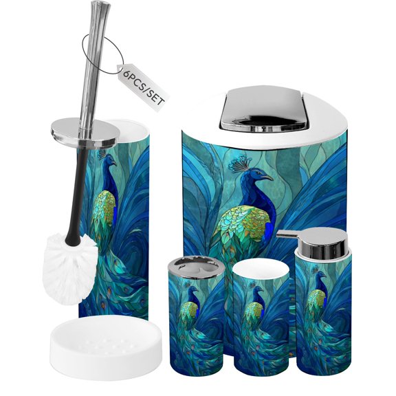 Bathroom Accessory Set 6 Piece Shimmering Peacock Stained Glass Window Oceanic Patterns Trash can, Toothbrush Holder, Toothbrush Cup, Soap Dispenser, Soap Dish, Toilet Brush Holder