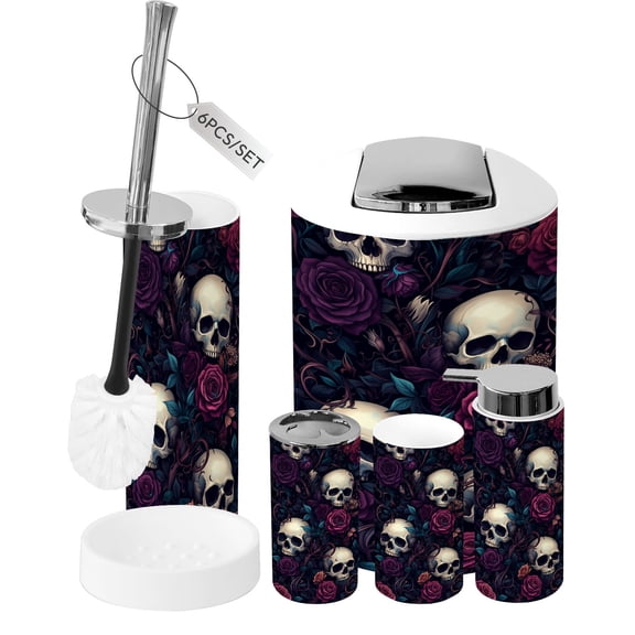 Bathroom Accessory Set 6 Piece Skulls Vibrant Floral Roses Leaves Trash can, Toothbrush Holder, Toothbrush Cup, Soap Dispenser, Soap Dish, Toilet Brush Holder