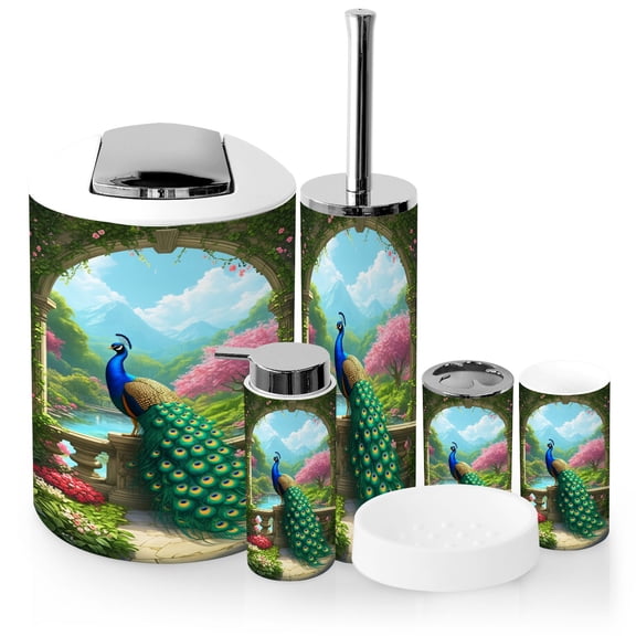 Bathroom Accessory Set 6 Piece with Spring Decor Peacock Garden Scenic Mountains Blossoming Toothbrush Holder, Soap Dispenser, Soap Dish, Trash Can with Lid, Toothbrush Cup, Toilet Brush Holder