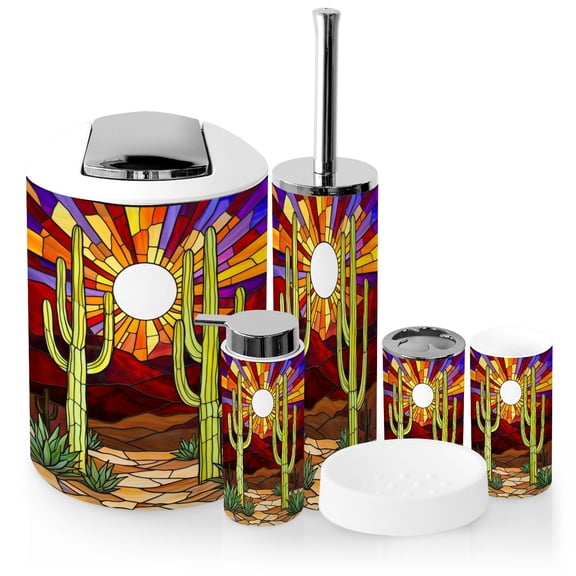 Bathroom Accessory Set 6 Piece with Sunlit Western Desert Stained Glass Fiery Colors cactus Toothbrush Holder, Soap Dispenser, Soap Dish, Trash Can, Toothbrush Cup, Toilet Brush Holder