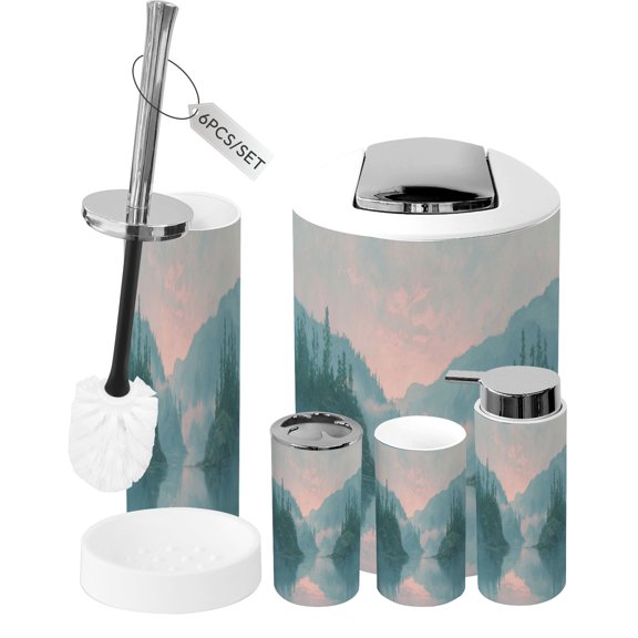 Bathroom Accessory Set 6 Piece Tranquil Watercolor Landscape Rolling Hills Morning Fog Trash can, Toothbrush Holder, Toothbrush Cup, Soap Dispenser, Soap Dish, Toilet Brush Holder