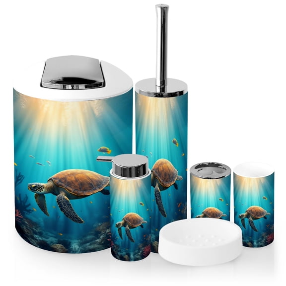 Bathroom Accessory Set 6 Piece with Turtle Underwater World Kids marine life coastal Toothbrush Holder, Soap Dispenser, Soap Dish, Trash Can, Toothbrush Cup, Toilet Brush Holder