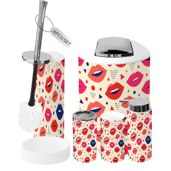 Bathroom Accessory Set 6 Piece Vibrant Kiss Mark Print Red Pink Purple Trash can, Toothbrush Holder, Toothbrush Cup, Soap Dispenser, Soap Dish, Toilet Brush Holder