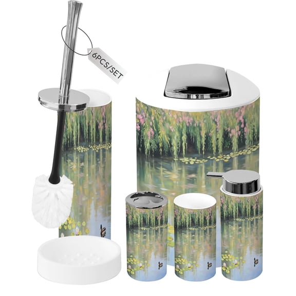 Bathroom Accessory Set 6 Piece Vintage Floral Country Nature Aesthetic Duck Bridge Water Trash can, Toothbrush Holder, Toothbrush Cup, Soap Dispenser, Soap Dish, Toilet Brush Holder
