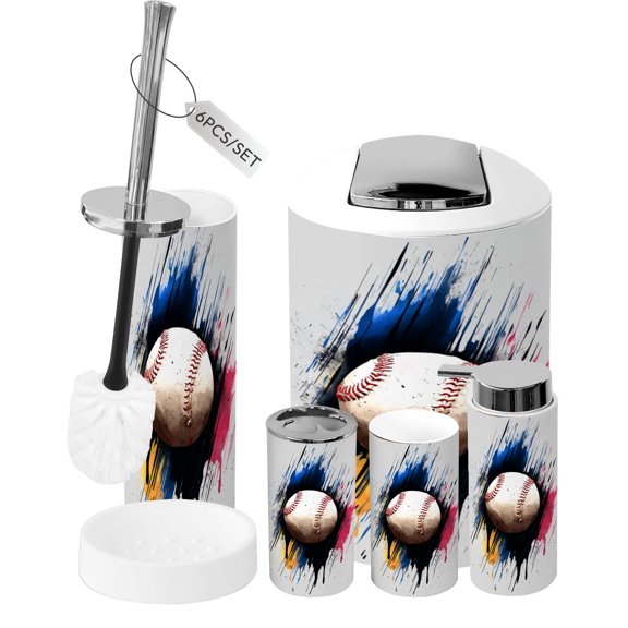 Bathroom Accessory Set 6 Piece Vintage Graffiti Baseball Man Cave Splashes Sports Trash can, Toothbrush Holder, Toothbrush Cup, Soap Dispenser, Soap Dish, Toilet Brush Holder