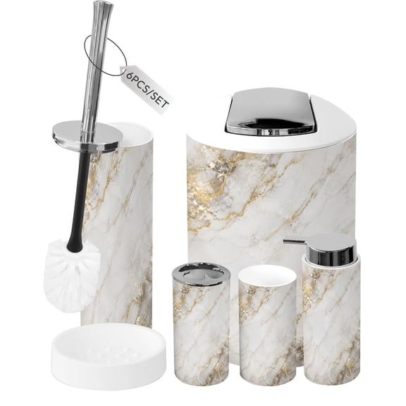 Bathroom Accessory Set 6 Piece White gold marble Trash can, Toothbrush Holder, Toothbrush Cup, Soap Dispenser, Soap Dish, Toilet Brush Holder