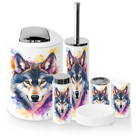 Bathroom Accessory Set 6 Piece with Wolf Wildlife Wild Animal Wolf Vintage Toothbrush Holder, Soap Dispenser, Soap Dish, Trash Can with Lid, Toothbrush Cup, Toilet Brush Holde