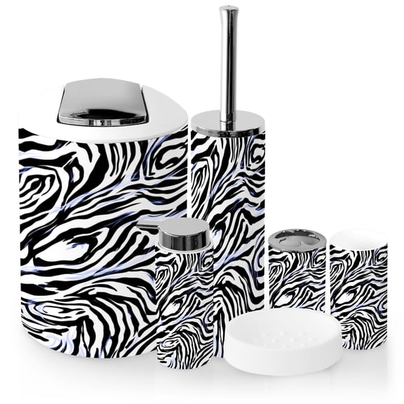 Bathroom Accessory Set 6 Piece with animal print Zebra ornament Seamless Toothbrush Holder, Soap Dispenser, Soap Dish, Trash Can with Lid, Toothbrush Cup, Toilet Brush Holder