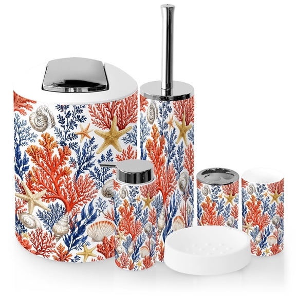 Bathroom Accessory Set 6 Piece with seamless corals shells white Marine Lifee Coastal Toothbrush Holder, Soap Dispenser, Soap Dish, Trash Can, Toothbrush Cup, Toilet Brush Holder