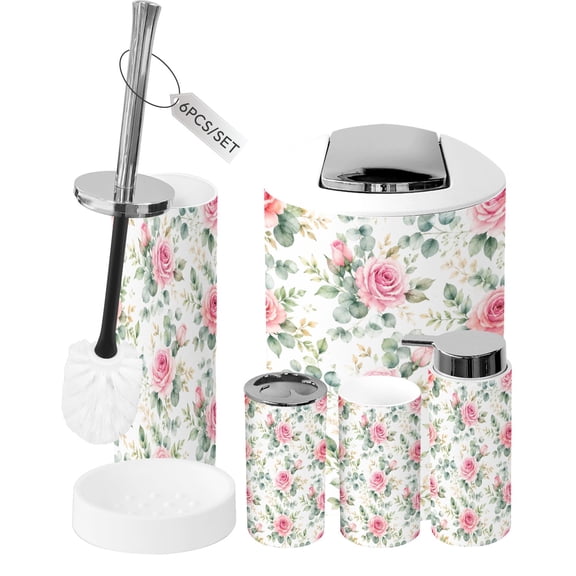 Bathroom Accessory Set 6 Piece watercolor floral pink flowers green leaves Trash can, Toothbrush Holder, Toothbrush Cup, Soap Dispenser, Soap Dish, Toilet Brush Holder