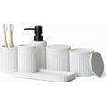 thumbnail image 1 of Bathroom Accessory Set - 6 Pieces Bathroom Accessories Set Complete with Soap Dispenser, Toothbrush Holders, Tumbler, Vanity Tray and 2 Qtip Holder for Home Organizer and Decor, White, 1 of 9