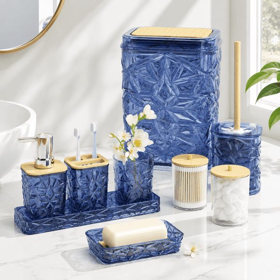 Bathroom Accessory Set 9-piece Blue With Trash Can Toilet Brush Soap Dispenser Dish Toothbrush Holder Tumbler Q-tip Holders & Tra