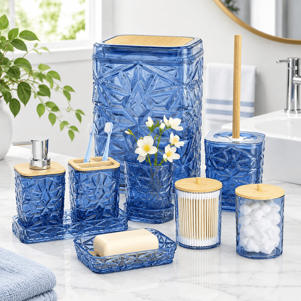 Bathroom Accessory Set 9-piece Blue With Trash Can Toilet Brush Soap ...