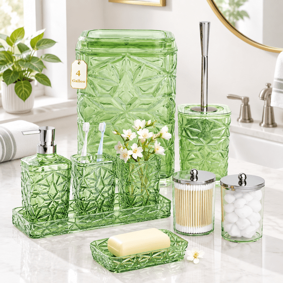 Bathroom Accessory Set 9-piece Green With Trash Can Toilet Brush Soap Dispenser Dish Toothbrush Holder Tumbler Q-tip Holders & Tr