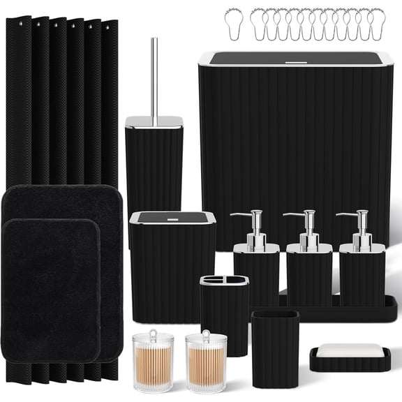 Bathroom Accessory Set - Bathroom Set, 27PC Bathroom Accessories Set, Black Bathroom Sets with Shower Curtain and Rugs, Mini Trash Can, Toilet Brush, Trash Can & Soap Dispenser