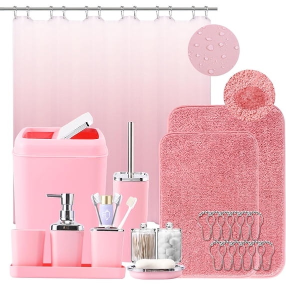 Bathroom Accessory Set–Bathroom Sets with Shower Curtain and Rugs, Non Slip Bathroom Rugs Super Absorbent, Pink Ombre Waterproof Shower Curtain with Hooks, Pink Bathroom Sets Complete for Home