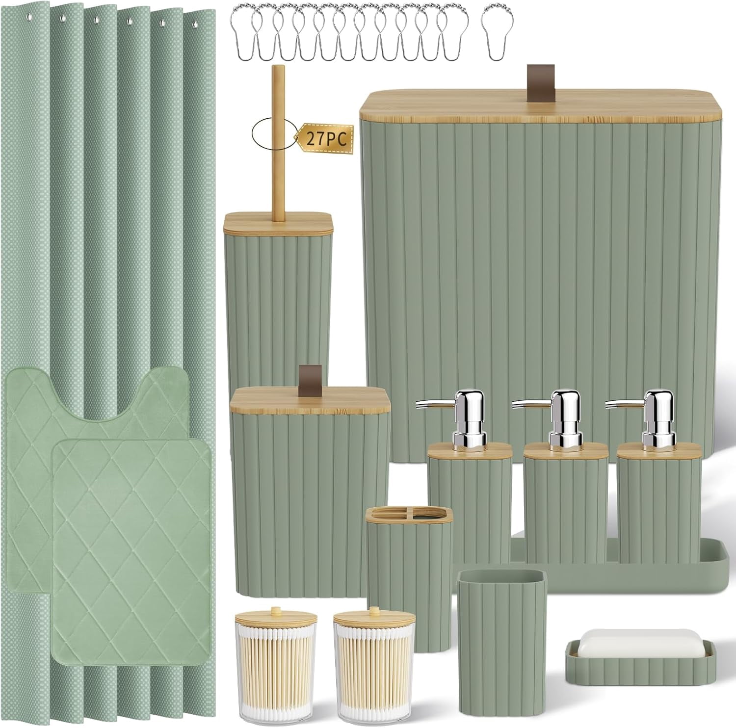 Bathroom Accessory Set - Bathroom Sets with Shower Curtain and Rugs, Sage Green Bathroom Set, 27PC Bathroom Accessories Set, Mini Trash Can, Toilet Brush, Trash Can & Soap Dispenser