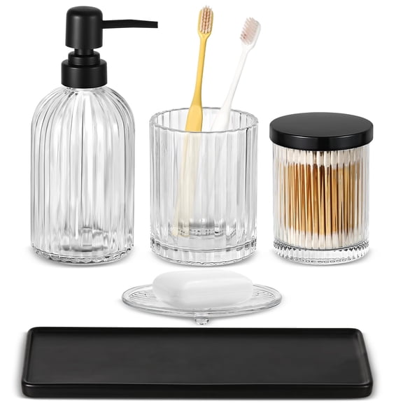 Bathroom Accessory Set Black & Clear 5-Piece Countertop Vanity Organizer