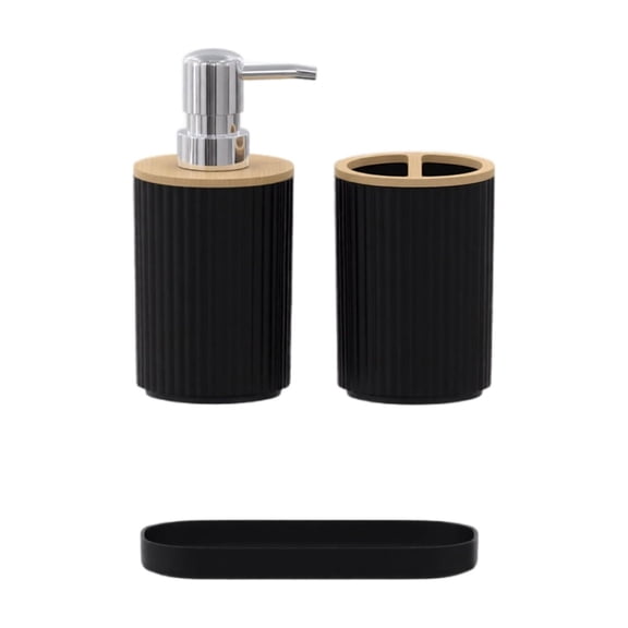 Bathroom Accessory Set, Black Ribbed with Bamboo Trim, 3 Pieces Bathroom Storage Organizer Kit, for Countertop Vanity Decor Home Hotel Apartment Daily Bathroom Organization