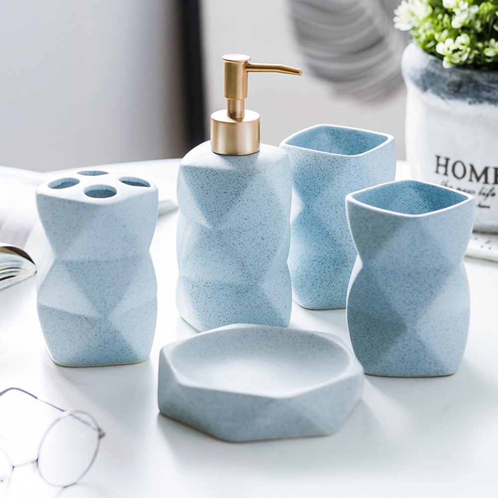 Bathroom Accessory Set Ceramic Bath Accessories Complete Set Vanity Countertop Accessory Set,5 Pcs - 1 Soap Dispenser, 1 Toothbrush Holder, 2 Tumblers,1 Soap Dish, Matte Blue