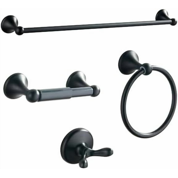 Bathroom Accessory Set, Matte Black Adjustable Expandable Towel Bar 4-Piece Bathroom Hardware Set Wall Mounted Robe Hook Toilet Paper Holder Towel Ring Towel Bar