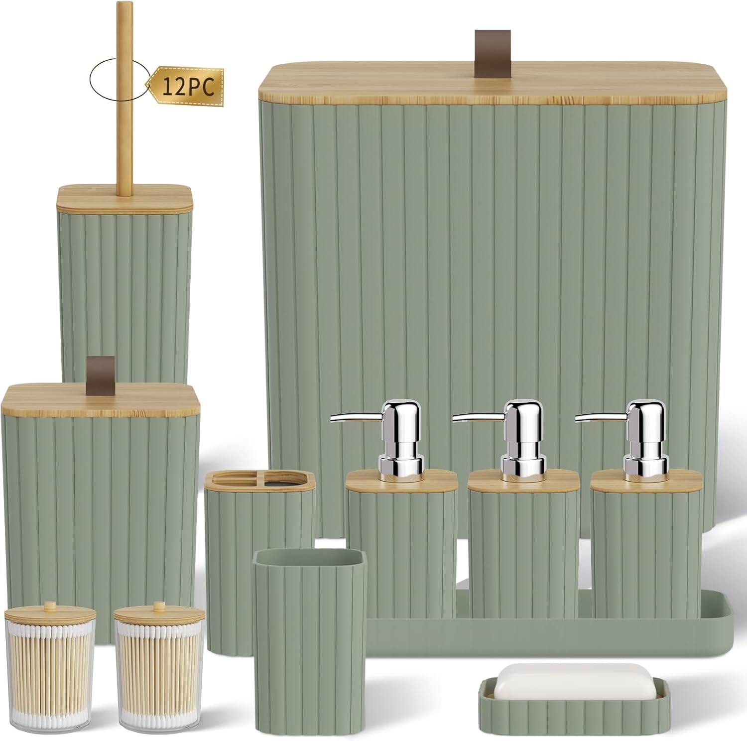 Bathroom Accessory Set - Sage Green Bathroom Set, 12PC Bathroom Accessories Set, Sage Green Bathroom Accessories Set, Mini Trash Can, Toilet Brush, Trash Can & Soap Dispenser