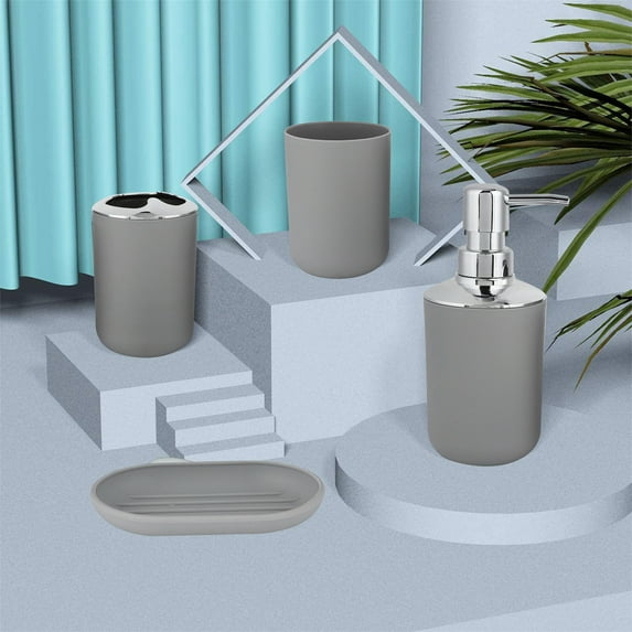 Bathroom Accessory Set, Soap Dispenser Toothbrush, Organizer Set, Environmentally Friendly PP Plastic, for Countertop Organization, Modern Style Complete Set | Gray KTFgvq