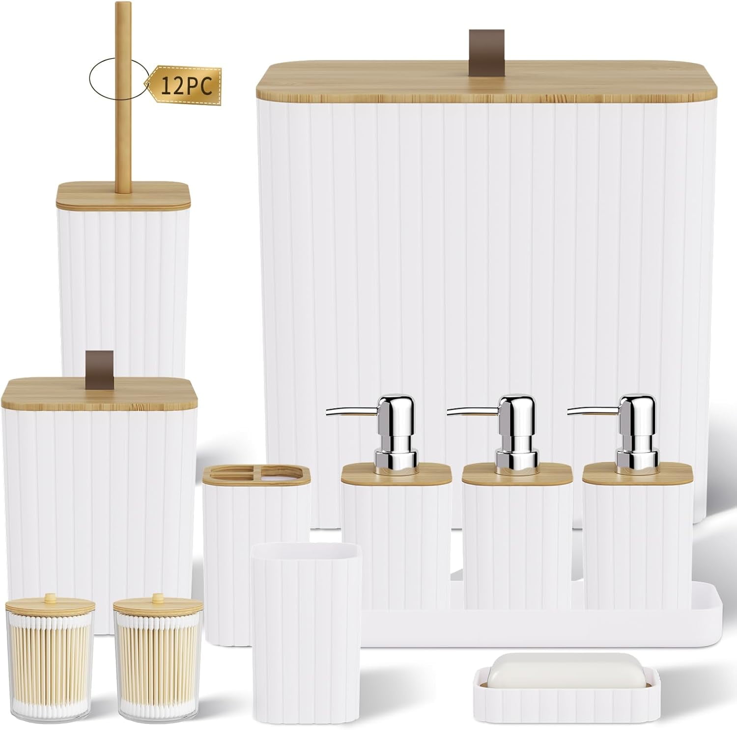 Bathroom Accessory Set - White Bathroom Set, 12PC Bathroom Accessories Set, White Bathroom Accessories Set, Mini Trash Can, Toilet Brush, Trash Can & Soap Dispenser
