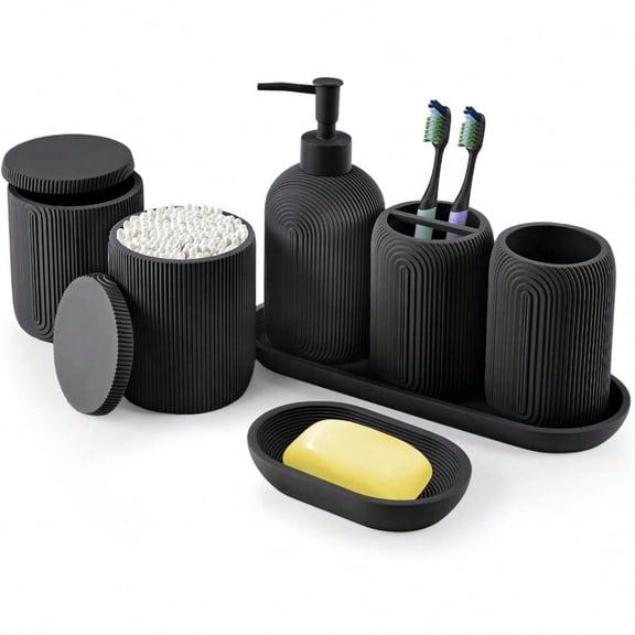 Bathroom Accories Set - 7-Piece Resin Bathroom Set Toothbrush Holders Set Soap Dispenser Qtip Holder Dispenser Tumbler Soap Dish Tray Modern Bath Decor for Home Dorm Hotel Black