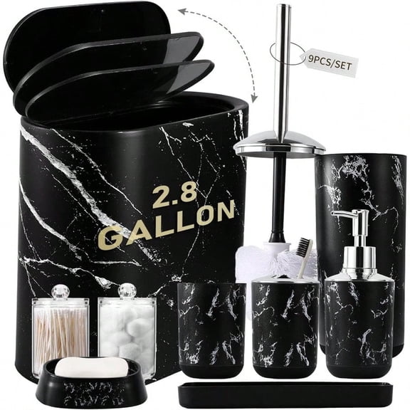 Bathroom Accories Set 9Piece Marble Black Bathroom Set Black Bathroom Accories with Slim Trash Can Soap Dispenser Toilet Brush Toothbrush Set Qtip Holders